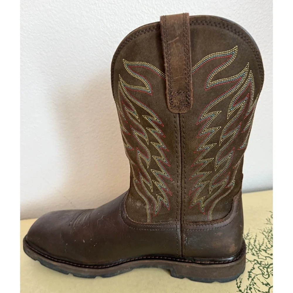 Gently Used Ariat Groundbreaker Square Steel Toe Brown Leather Embroidered 13EE